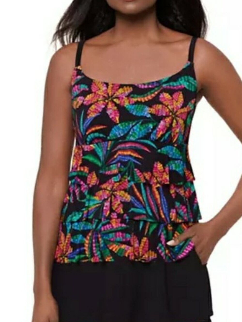 Women’s Black Tropical Print Tiered Skirtini